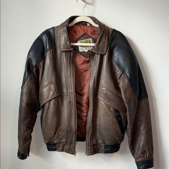 Brown and Black Leather Bomber Jacket with Ribbed Details - Picture 1 of 8